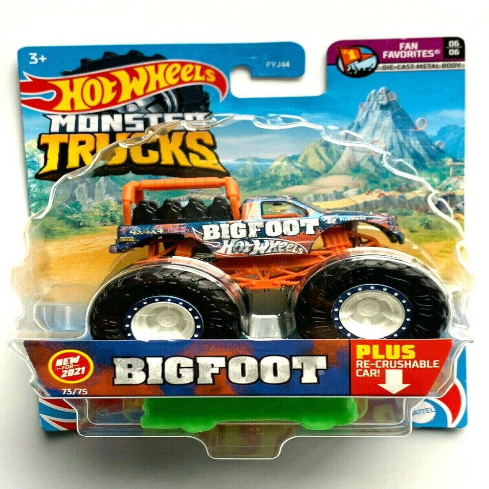 DieCast Hot Wheels Monster Trucks Bigfoot, Ride Truck with re-Crushable car 73/75 (1:64 Scale)