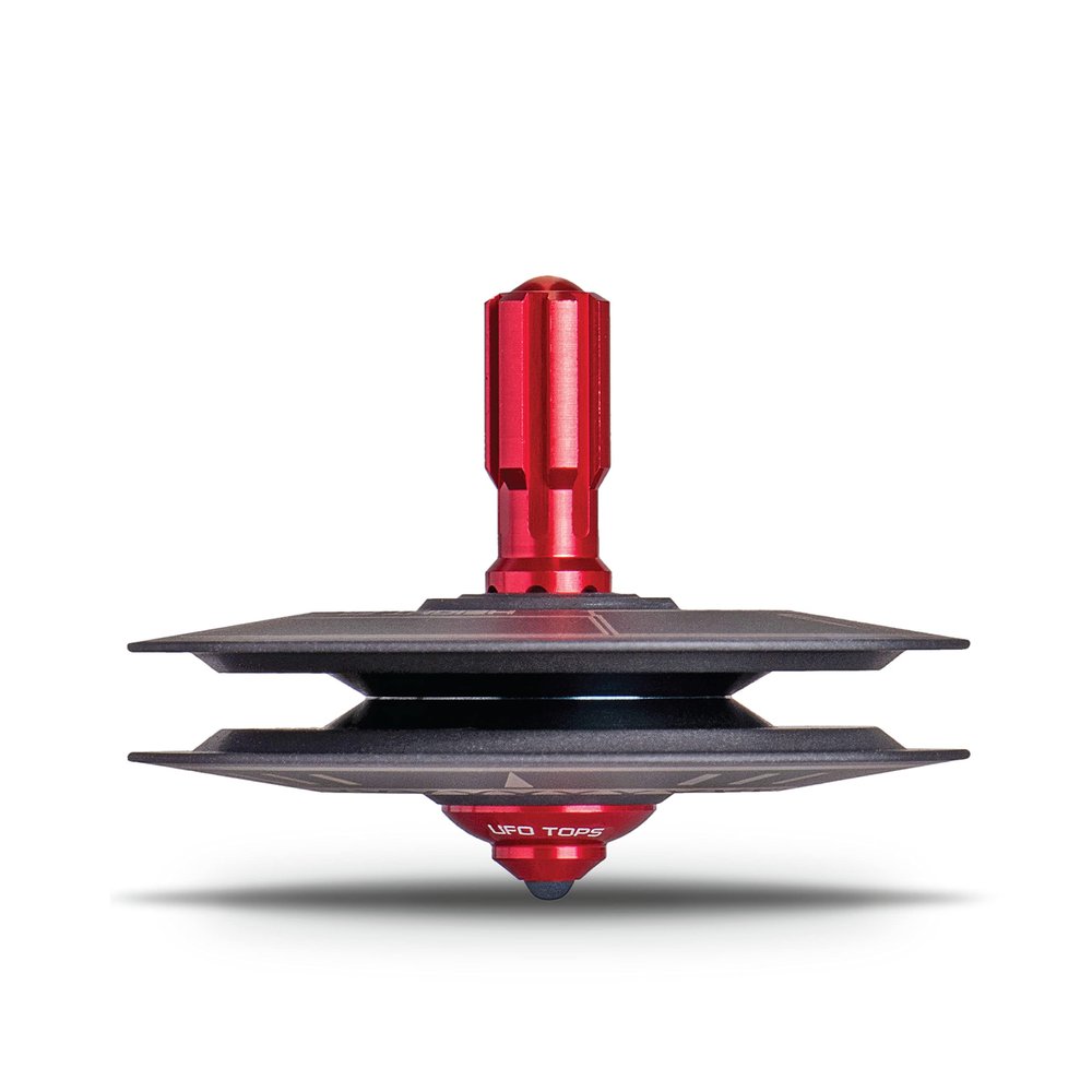 Plexity Labs UFO Tops - Height 611 - Metal Spinning Top - Inspired by The 1986 Soviet Union UFO Incident - Black Titanium UFO Body and Fireball Red Power Core