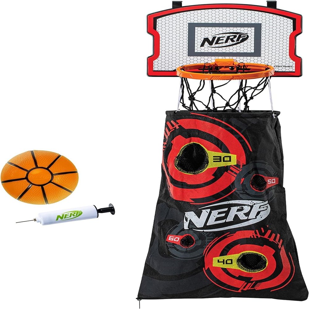 NERF Basketball Hoop Hamper - Laundry Layup Over the Door Basket + Shooting Target - Mini Hoop Hamper + Basketball Set