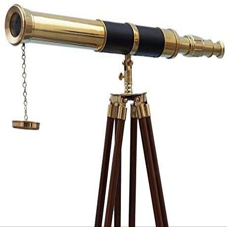SIFAAT WORLD 60 Inches Floor Standing Admirals Solid Brass Black Leather Marine Telescope, Nautical Home Decor Fully Functional Decorative Maritime Telescopes with Wooden Tripod Stand
