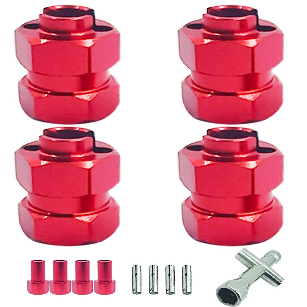 HOPLEX Aluminum Alloy 7mm RC Wheel Hex Hub Spacer with 9.5mm Offset Extension 4Pcs Hex Drive Adapter for AXIAL SCX24 Upgrades Accessories 1/24 RC Crawler Car (Red)