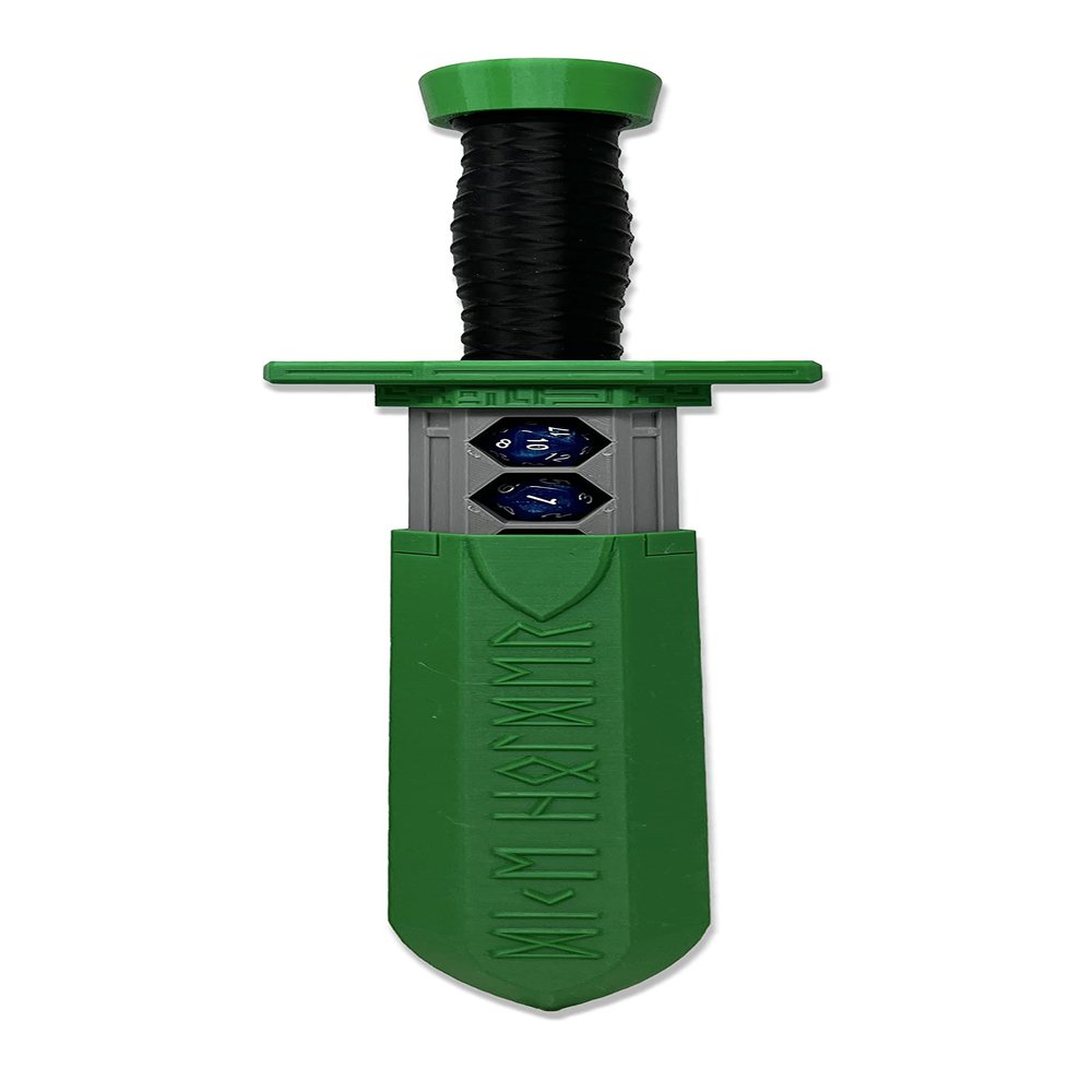 MunnyGrubbers - Sword Dagger Dice Holder - (Random 7PCS D20 Dice Set Included) - Custom Polyhedral Dice Storage for Tabletop RPG - Dungeons and Dragons - DND - D&D (Green)