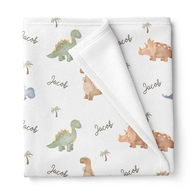 Stork Wares Sleepy Dinosaurs Personalized Baby Boy Swaddle Blanket, White, 30x40 inches , BB347