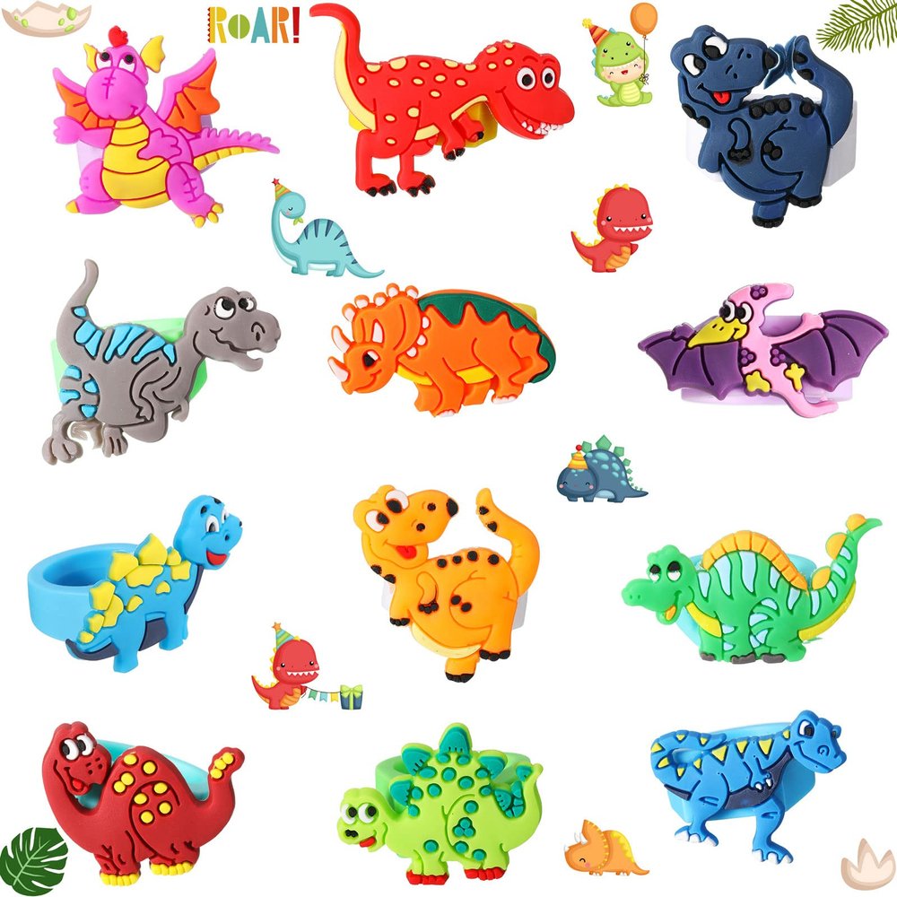 Chalyna 24 Packs Dinosaur Rubber Rings Soft Dino Cupcake Ring Dinosaur Cupcake Topper Bulk for Boys Kids Birthday Christmas Party Favors Supplies Gift