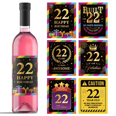 22nd Birthday Wine Labels - Wine Bottle Stickers Birthday Supplies for 22 Years Old Happy Birthday Party - Gift Idea for Birthday Anniversary - 22nd Birthday Party Decorations [Set of 6]