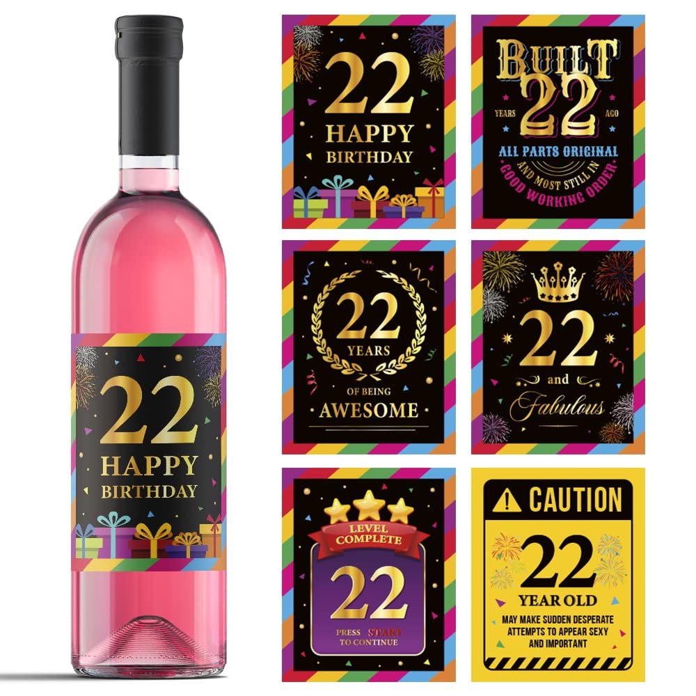 22nd Birthday Wine Labels - Wine Bottle Stickers Birthday Supplies for 22 Years Old Happy Birthday Party - Gift Idea for Birthday Anniversary - 22nd Birthday Party Decorations [Set of 6]