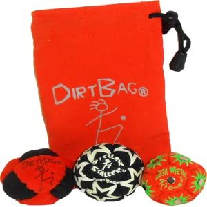 DIRTBAG All Star Footbag 3 Pack with Pouch, 100% Handmade, Premium Quality, Bright Vivid Colors, Signature Carry Bag - Orange/Black/Orange