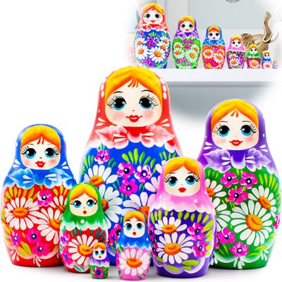 AEVVV Matryoshka Dolls Set of 7 pcs - Russian Dolls in Rainbow Sarafan Dress with Meadow Flowers - Traditional Nesting Dolls with Flower Decorations