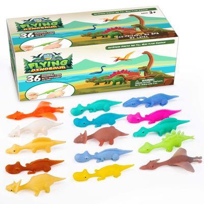 PICK A TOY Stretchy Slingshot Dinosaur Toys 36 Mini Rubber Dinosaurs, Party Favors, Kids Prizes, Mini Toys, Finger Flingers Flying Chicken Toy