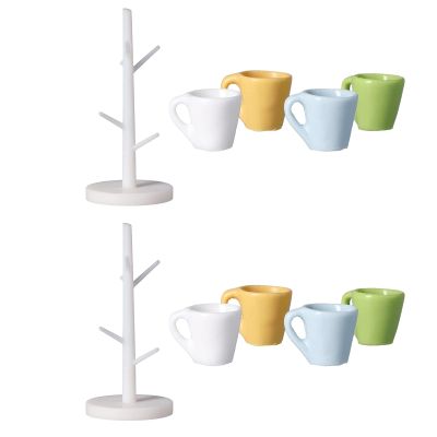 Dollhouse Cup and Cup Holder, Mini Simulated Furniture Decoration Miniature Wood Coffee Mug Holder Stand Dollhouse Decoration Rack for Household Decoration(2 Set)