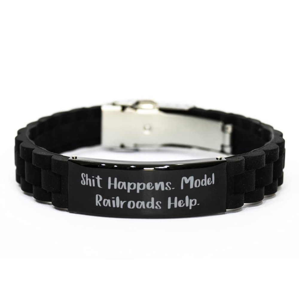Shit Happens. Model Railroads Help. Model Railroads Black Glidelock Clasp Bracelet, Fun Model Railroads Gifts, Engraved Bracelet for Friends