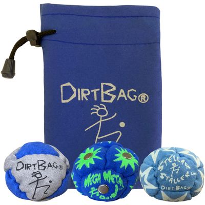 DIRTBAG All Star Footbag 3 Pack with Pouch, 100% Handmade, Premium Quality, Bright Vivid Colors, Signature Carry Bag (Blue/Grey Combo)