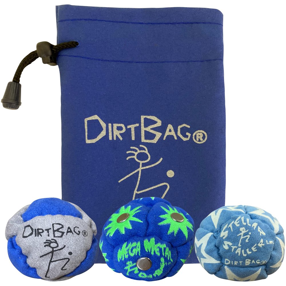 DIRTBAG All Star Footbag 3 Pack with Pouch, 100% Handmade, Premium Quality, Bright Vivid Colors, Signature Carry Bag (Blue/Grey Combo)