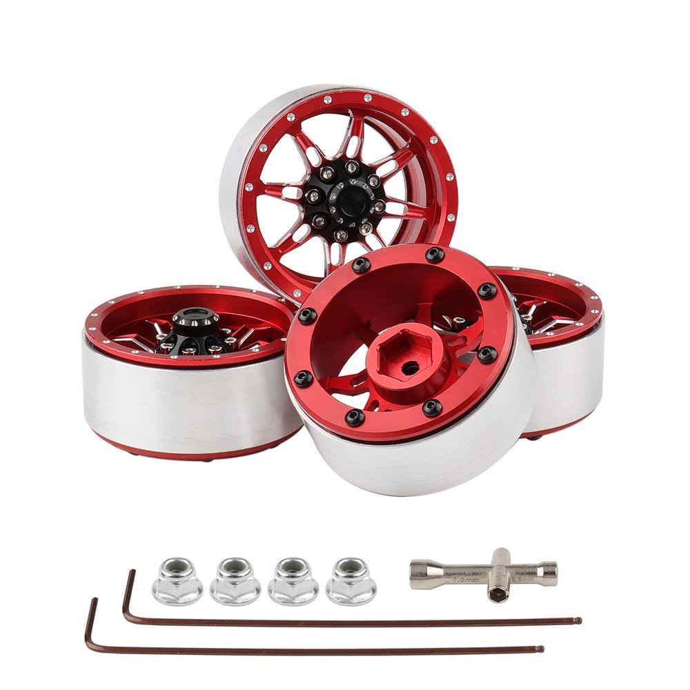 4pcs 1.9" Aluminum Beadlock Wheel w/Caps Locknuts RC Wheel Rim for 1/10 RC Rock Crawler Truck TRX-4 Axial Wraith SCX10 SCX10 II RR10 Bomber RC4WD Gelande II D90 TF2 Gmade, Red/Black, RC Part