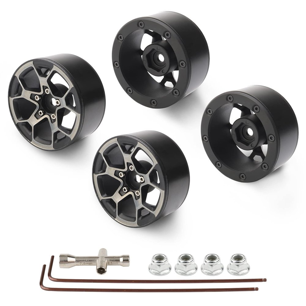 Rchobbytop Aluminum Heavy Duty 1.9 Beadlock Wheels w/Lock Nuts Cross Wrench for 1/10 RC Crawler Truck TRX-4 SCX10 II Jeep JLU Wrangler RC4WD Gmade etc, Black/Silver
