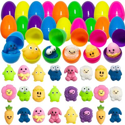 JoFAN 24 Pack Plastic Prefilled Easter Eggs with Easter Mochi Squishy Toys Inside for Kids Boys Girls Toddlers