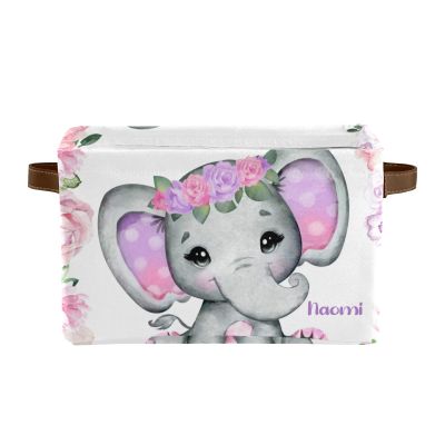 Joyestore Pink Flower Elephant Personalized Storage Bins ,Baskets Cubes Organizer with Handle for Shelves Closet Nursery Toy 1 Pack