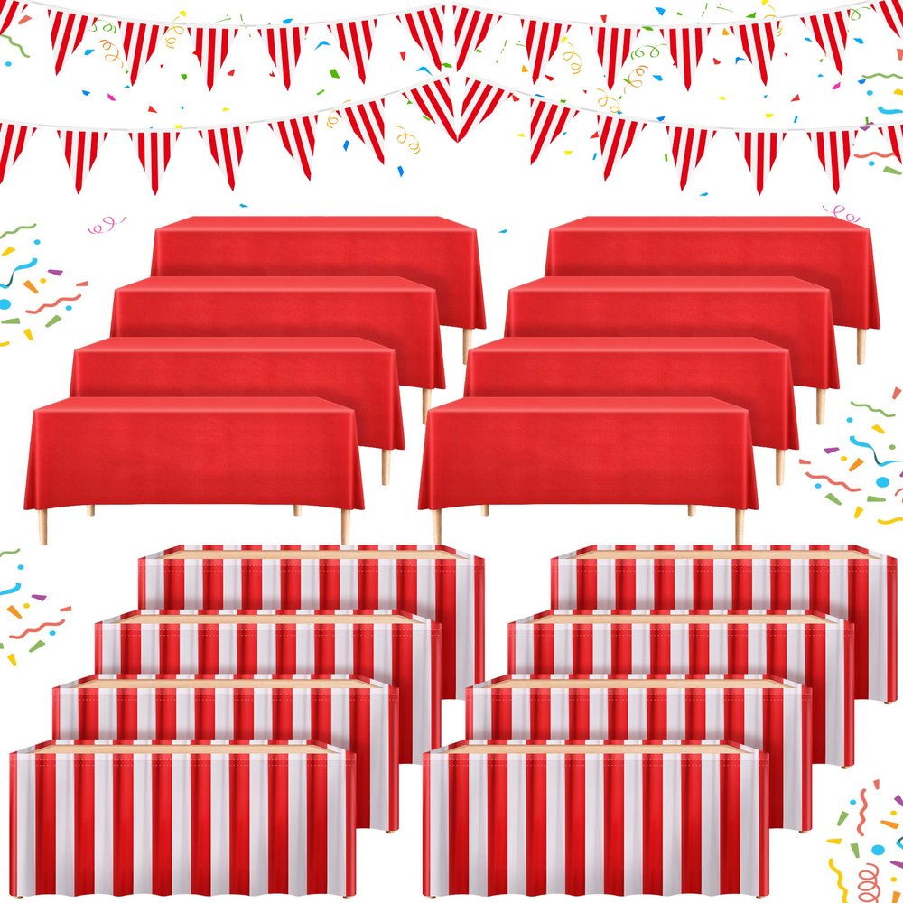 20 Pieces Carnival Theme Party Decors Carnival Table Skirts Circus Theme Tablecloths Red White Striped Pennant Banners Circus Bunting Banners Decors