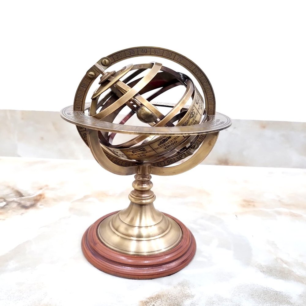 Vimal Nautical Brown Antique Brass Armillary Nautical Marine Sphere World Globe Size Height 8 Inch Approx Diameter: 5 inches Approx