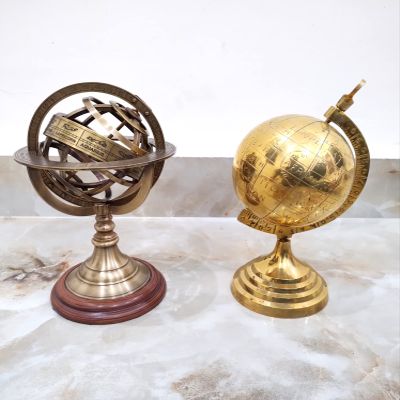 2 Piece Brown Antique Brass Armillary Nautical Marine Sphere World Globe Size Height 8 Inch Approx Diameter: 5 inches Approx