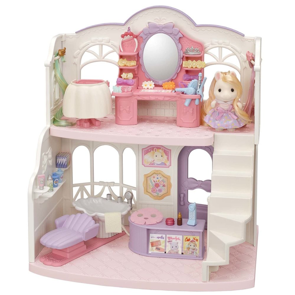 Calico Critters Pony's Stylish Hair Salon - 2-Story Salon Playset w/ Poseable Figure & 40+ Hair Styling Accessories for Ages 3+