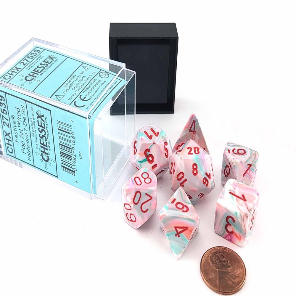 DND Dice Set - Chessex D&D Dice-16mm Festive: Pop Art & Red Limited Edition Plastic Polyhedral Dice Set-Dungeons and Dragons Dice Includes 7 Dice - D4 D6 D8 D10 D12 D20 D%, Pink, (CHX27539)
