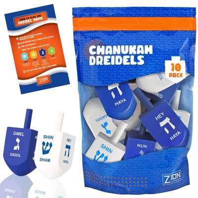 Zion Judaica Hanukkah Dreidels Blue & White Natural Wood with English Translation & Transliteration (10 Pack)