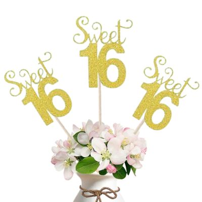 10-Pack Glitter Gold Double Sided Sweet 16 Birthday Anniversary Centerpiece Sticks, Number 16 Table Cake Topper for Sweet 16 Birthday Table Party Decorations (Gold)