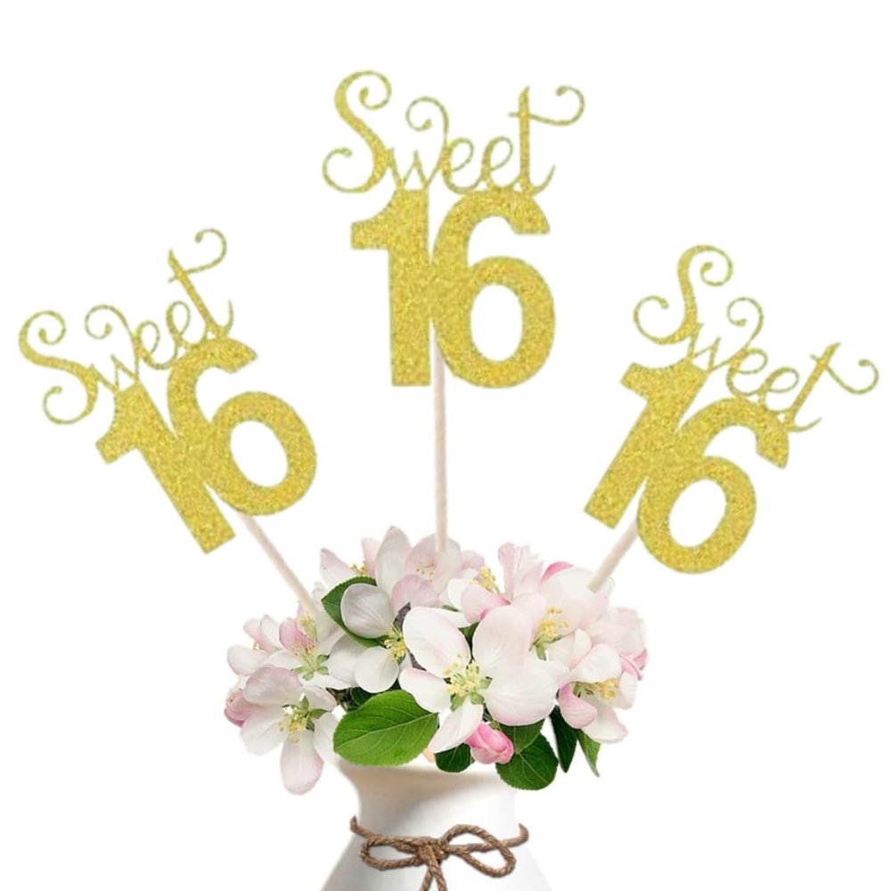 10-Pack Glitter Gold Double Sided Sweet 16 Birthday Anniversary Centerpiece Sticks, Number 16 Table Cake Topper for Sweet 16 Birthday Table Party Decorations (Gold)