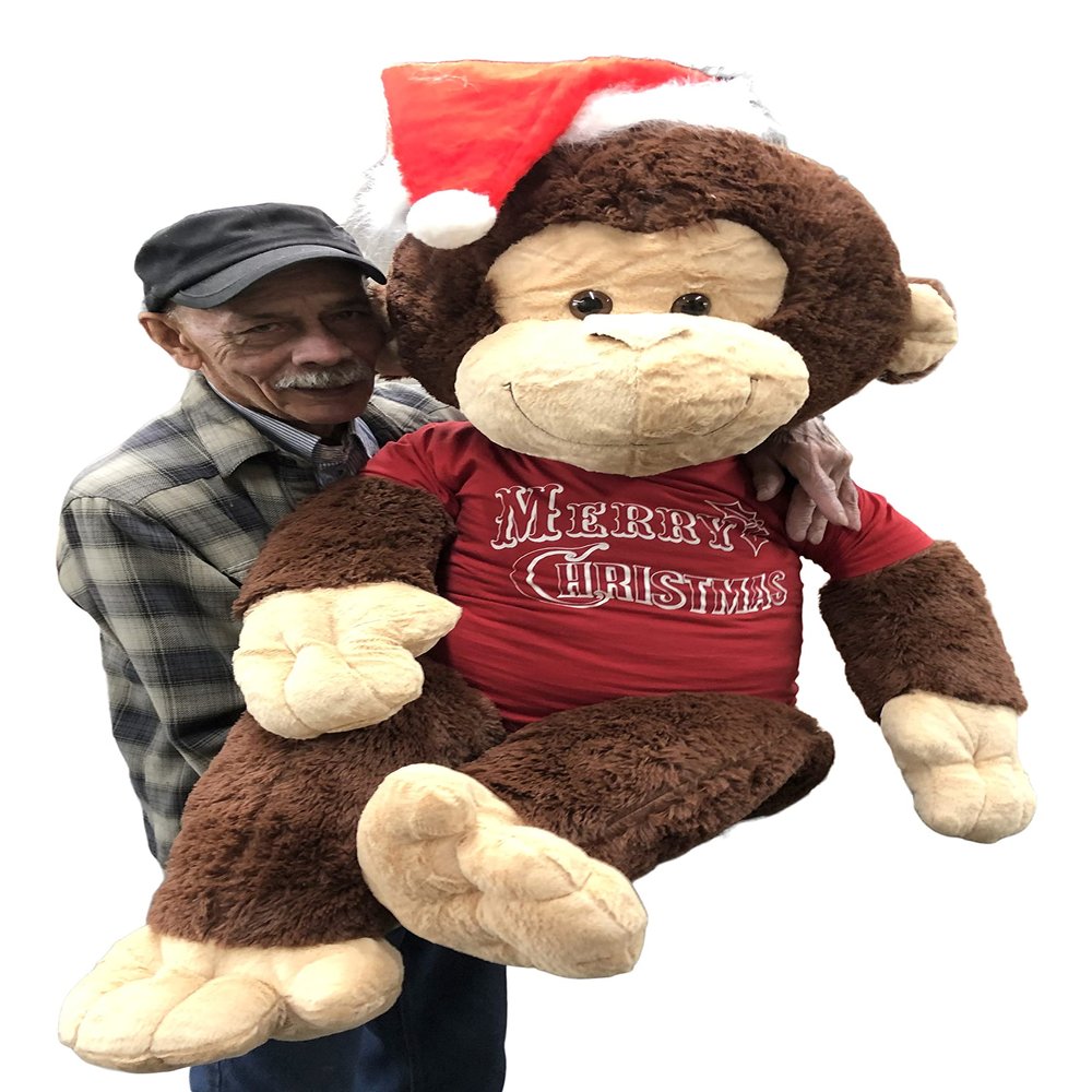 Big Plush Giant Stuffed Monkey Wears Santa Hat & Shirt - Large 4-Foot Extra-Soft Jumbo Plush Animal - 48 inches Huge Gigantic Animals - Oversized Monkeys - Hug a Santa Stuffed Animal