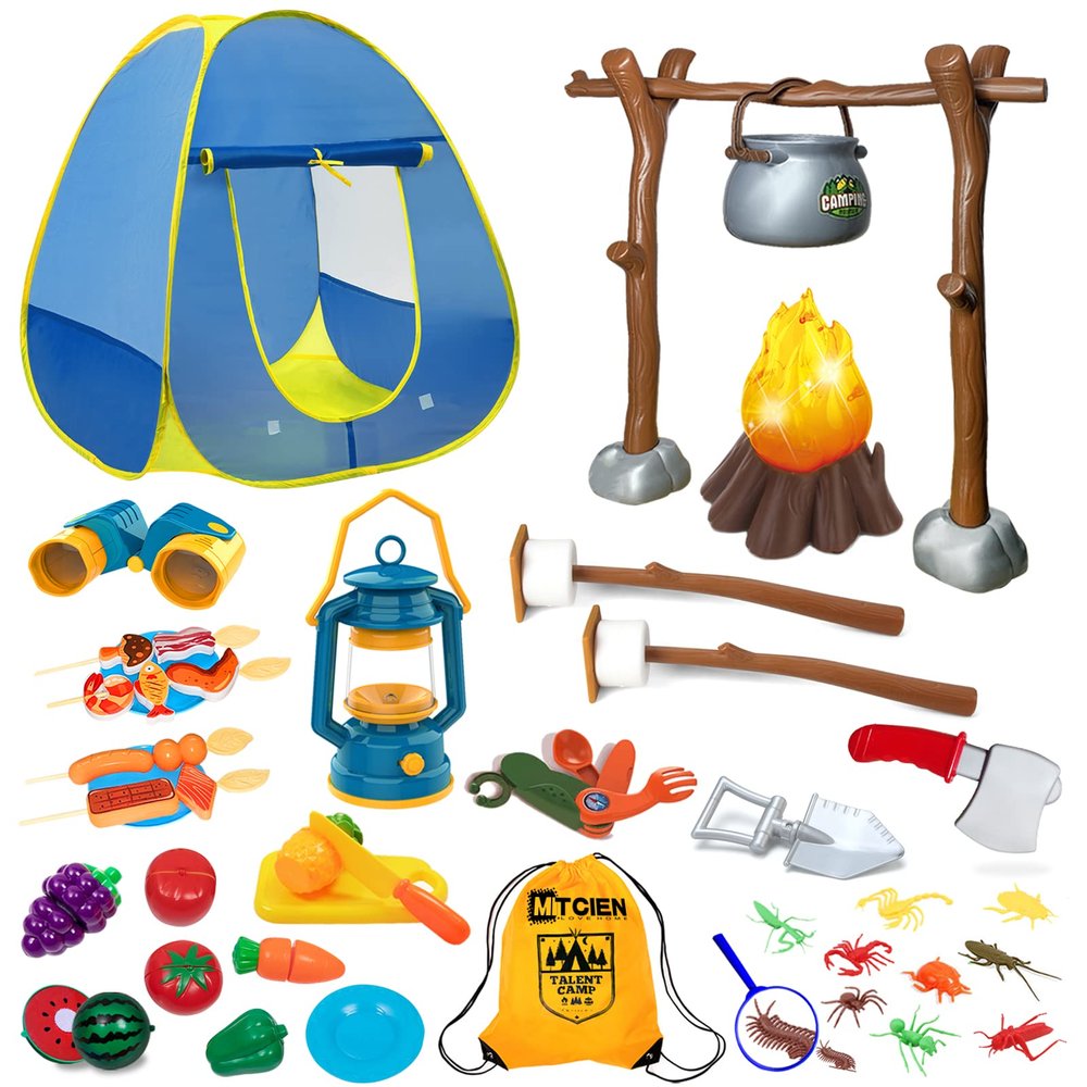 MITCIEN Kids Camping Set with Campfire, Play Tent , Binoculars, Oil Lantern, Toddlers Pretend Cutting Fruits, Marshmallow, Camping Toys Play Set for Boys Girls 3-5 Year Old and Up Indoor Outdoor Toys