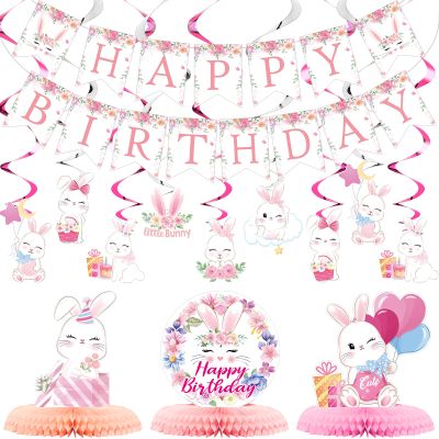 26 Pcs Easter Bunny Birthday Party Decorations Kit Supplies Bunny Birthday Banner Honeycomb Centerpiece Rabbit Hanging Swirls Cutouts for Girl Baby Shower Party Supplies