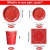 123 Pcs Western Cowboy Party Decoration Include 1 Plastic Paisley Print Tablecloth 2 Bandana Pennant Banner 60 Disposable Paper Plates 30 Cups and 30 Napkins for Western Cowboy Theme Party(Red) view 3