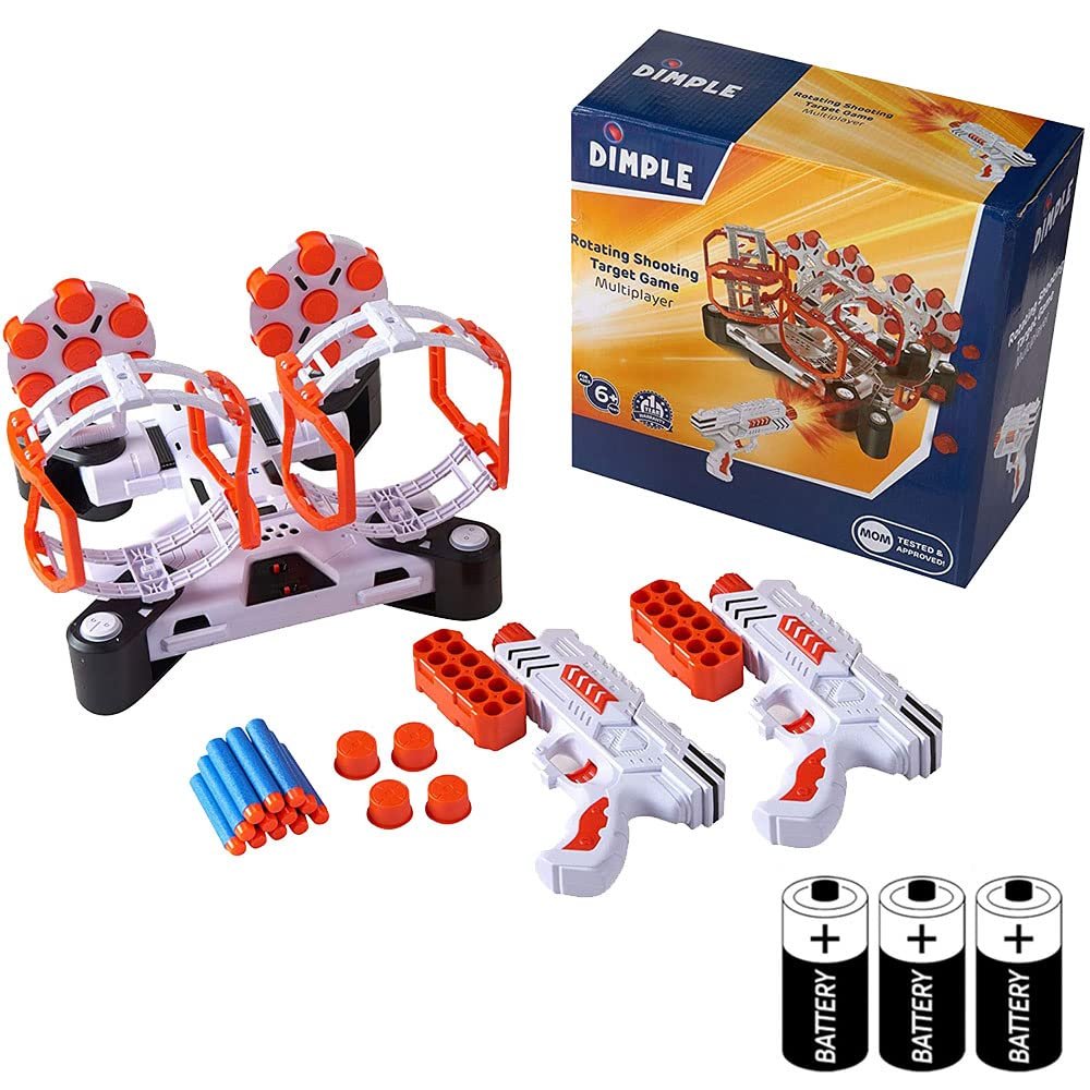 Dimple Shooting Target Game for Kids - Targets for Shooting Practice, 2 Blaster Guns, 36 Bullets, 2 Dart Holders & 2 Spinning Obstacles - Compatible with Nerf (with Batteries)