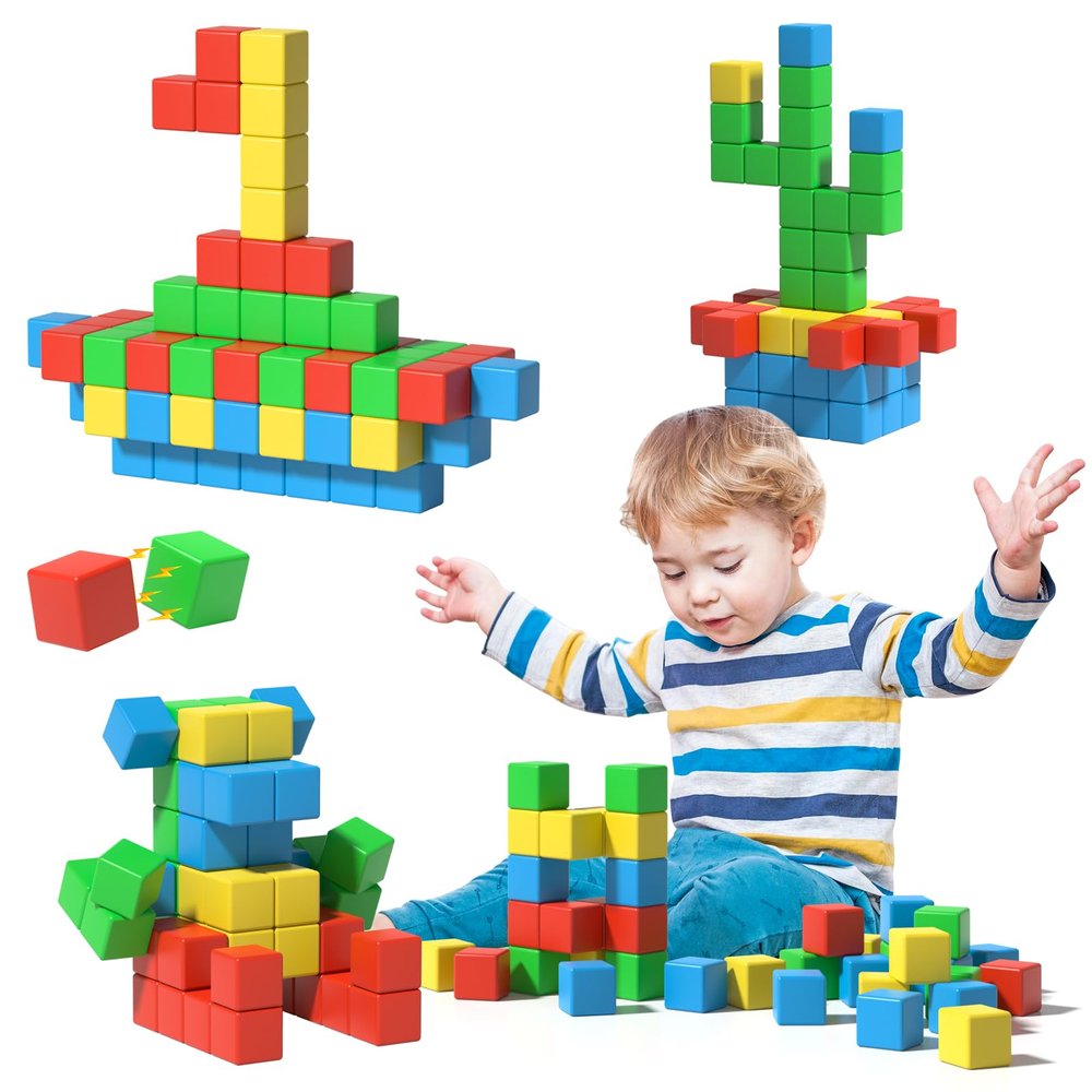 Asago Magnetic Blocks Large, 56PCS 1.34in Magnetic Building Blocks, 3D Magnetic Cubes for Toddlers, Preschool Educational Construction Kit, Sensory Montessori Toys Kids Blocks for Boys Girls Toddlers