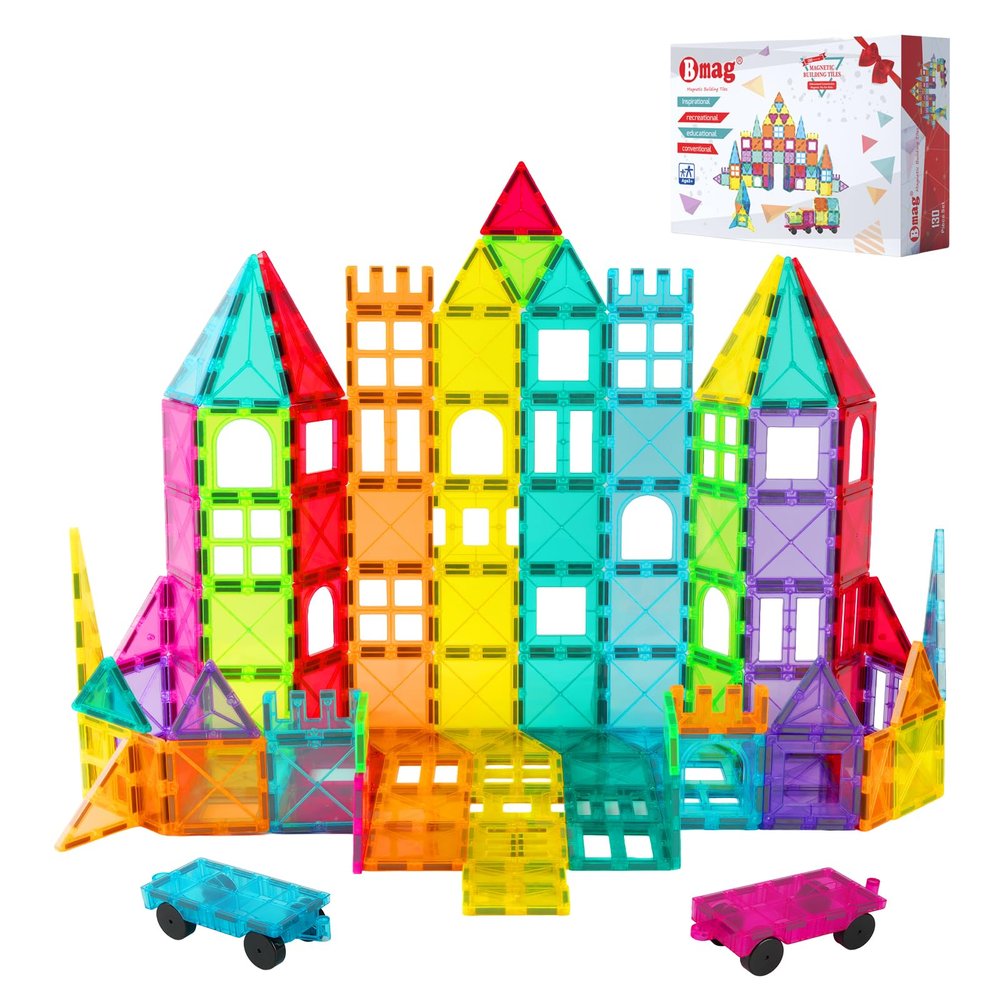 Bmag 130PCS Magnetic Tiles Building Blocks with 2 Cars | 3D Clear Magnet Blocks | STEM Preschool Toys for 3-9+ Kids | Christmas & Toddler Gift | Compatible with Major Brands
