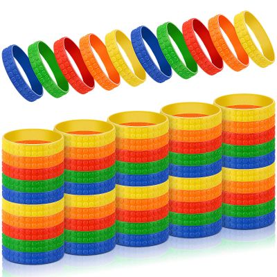 Civaner 60 Pcs Colorful Brick Party Favors Building Block Bracelets Goodie Bag Bulk Rubber Bracelets Silicone Wristbands Decoration for Birthday Carnival Prize Piata Fillers Prizes