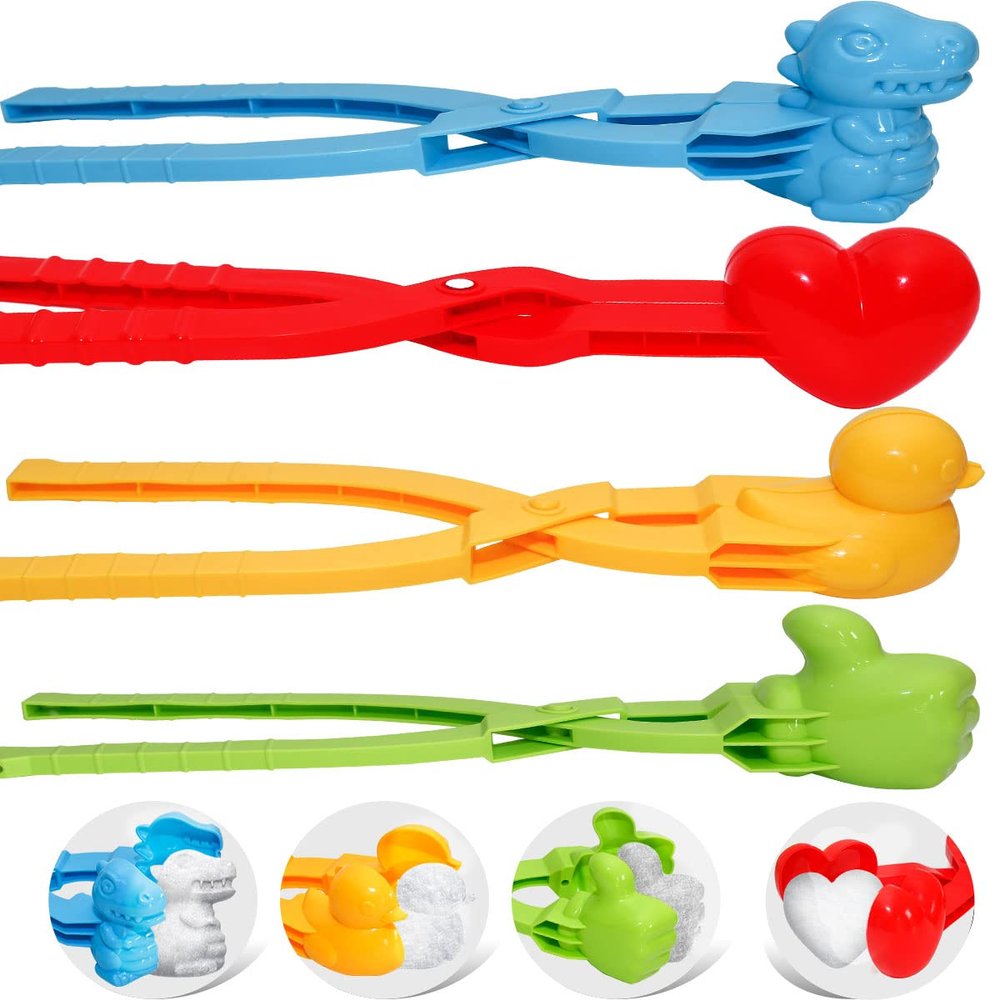Holady 4PCS Large Size Snowball Maker Clip,Snowball Maker Tool with Handle for Snow Ball Fights, Snow Toys Kids Winter Outdoor ToysDinosaur, Love Heart, Duck, Thumb Shape