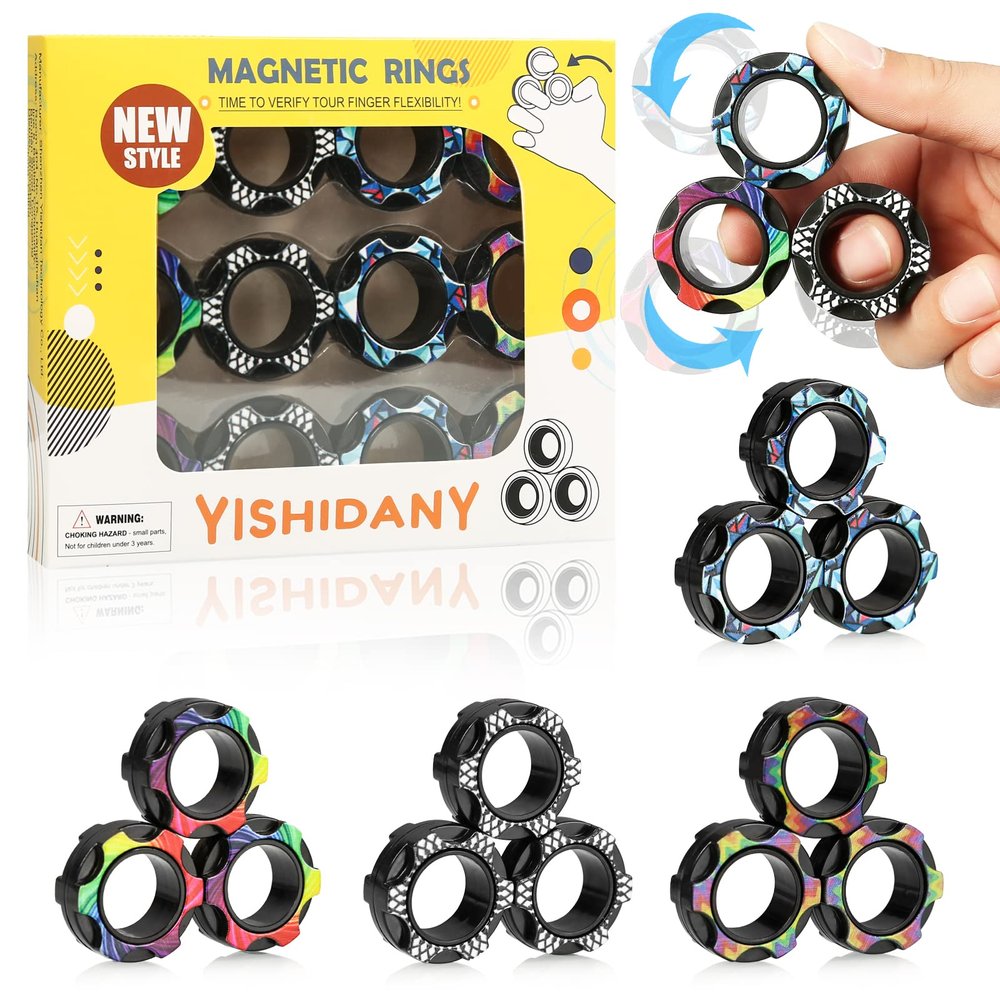 12Pcs Magnetic Rings Fidget Toys Pack, Magnets Finger Spinner for ADHD Stress Relief, Tire Style Magical Fidget Rings for Training Relieves Autism Anxiety, Great Idea Gift for Adults Teens Kids