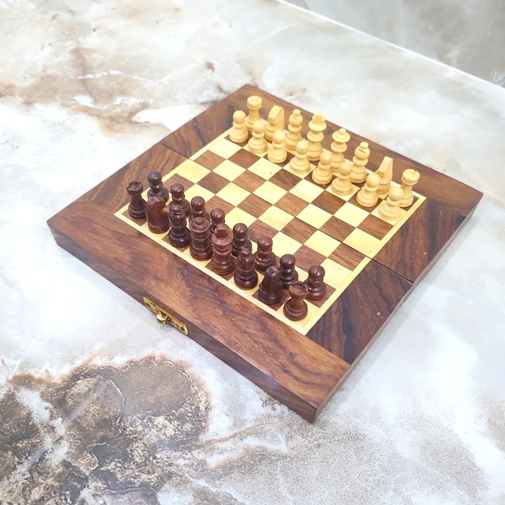 Brown Personalized Engraved Wooden Chess Board Set Folding Chess Size 8 Inch Approx. Solid Wood Chess Set, Chess Board & Chess Pieces