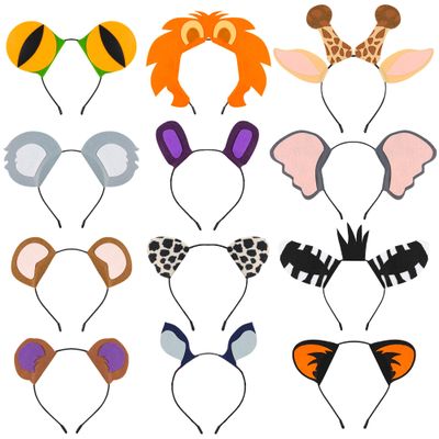 12 Pcs Animal Ears Wildlife Headbands Wild One Birthday Animal Hair Hoops Safari Photo Booth Props Jungle Party Hats for Adults Safari Party Favors for Kids Halloween Cosplay Party Accessories