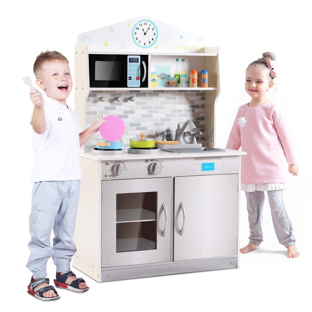FFlyer Kids Kitchen Playset, Wooden Kitchen Playset w/Cookware Utensils, Removable Sink, Microwave, Pegs on The Wall, Top Shelf, Toddler Pretend Play Kitchen Toy, Best Gift for Boy Girl Ages 3+