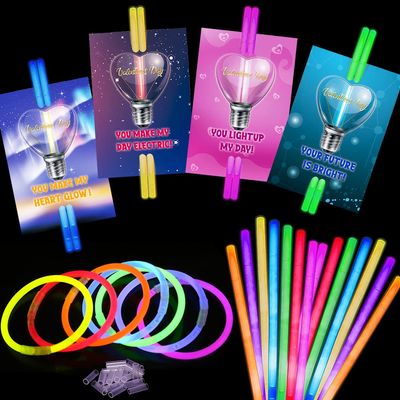 UMEELR 50 Pcs Glow Sticks with 24 Pcs Valentines Day Gift Cards, Happy Valentines Day Gifts Sets, Valentine Exchange, Valentine Prize Party Favor Supplies