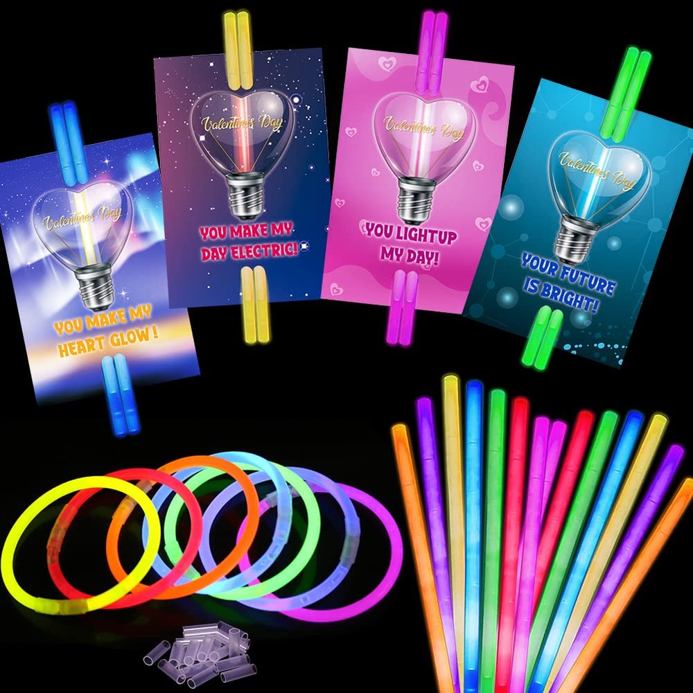UMEELR 50 Pcs Glow Sticks with 24 Pcs Valentines Day Gift Cards, Happy Valentines Day Gifts Sets, Valentine Exchange, Valentine Prize Party Favor Supplies