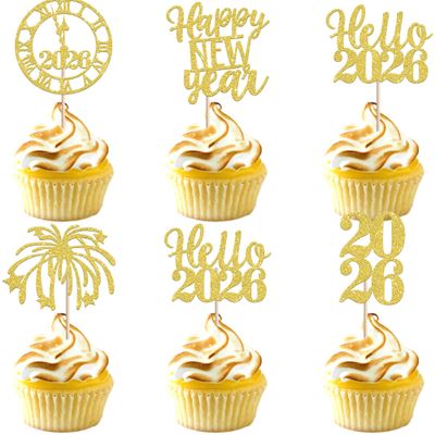 30 PCS Happy New Year 2026 Cupcake Toppers Glitter Cheers to 2026 Fireworks Clock Hello 2026 Cupcake Picks Happy New Year Holiday Theme Party Cake Decorations Supplies Gold