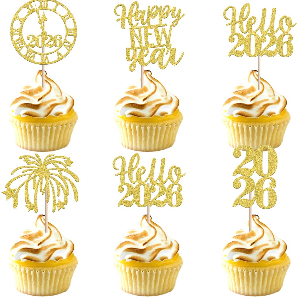 30 PCS Happy New Year 2026 Cupcake Toppers Glitter Cheers to 2026 Fireworks Clock Hello 2026 Cupcake Picks Happy New Year Holiday Theme Party Cake Decorations Supplies Gold