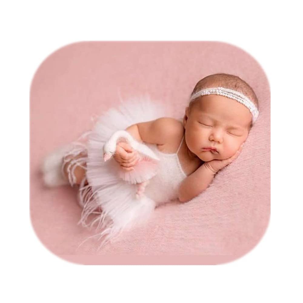 Coberllus Newborn Baby Photography Props Girls Lace Headdress with Romper Bodysuits Tutu Photo Props Posing Set (Off White)