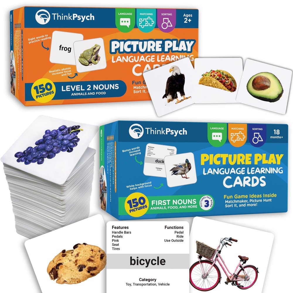 ThinkPsych Language Cards - 300 Picture Cards - Animals Clothes Food Toys - Speech Therapy Materials & Autism Learning Materials