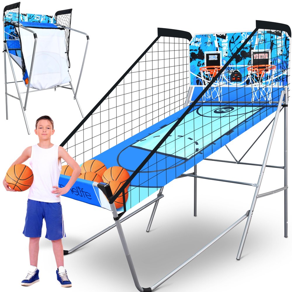 Heavy Duty Dual Hoop Basketball Shootout Indoor Home Arcade Room Game with Double Basket Ball Shot Scoreboard and Play Timer Fold-up for Kids and Adults Player with Pre-Assembled Frame