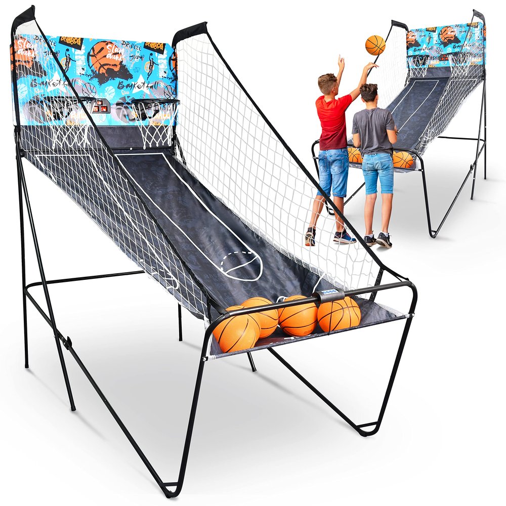 SereneLife Dual Hoop Basketball Shootout Indoor Home Arcade Room Game with Electronic LED Digital Double Basket Ball Shot Scoreboard & Play Timer Fold-up Court Shooting Sports for Kids&Adults Player